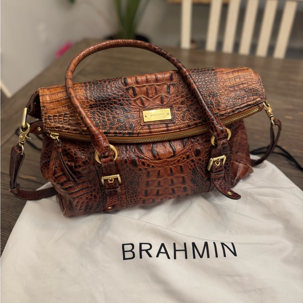 Brahmin Brown Crocodile-Embossed Satchel